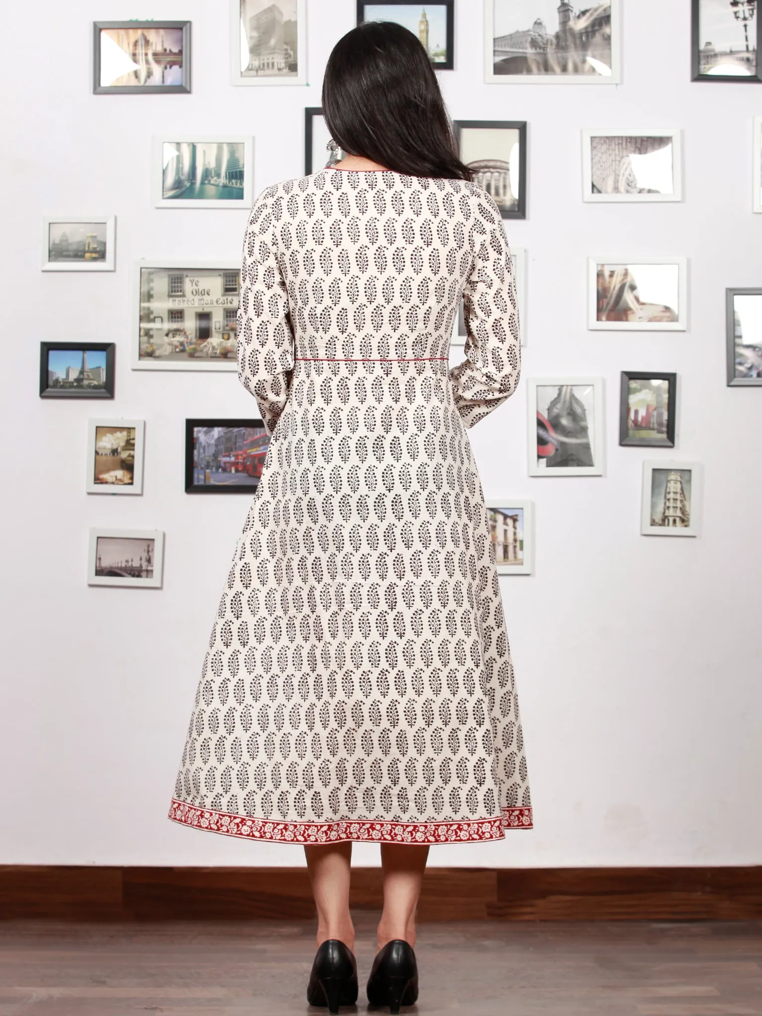 White Red Black Bagh Printed Cotton Midi Length Angrakha Dress  - D299F1702