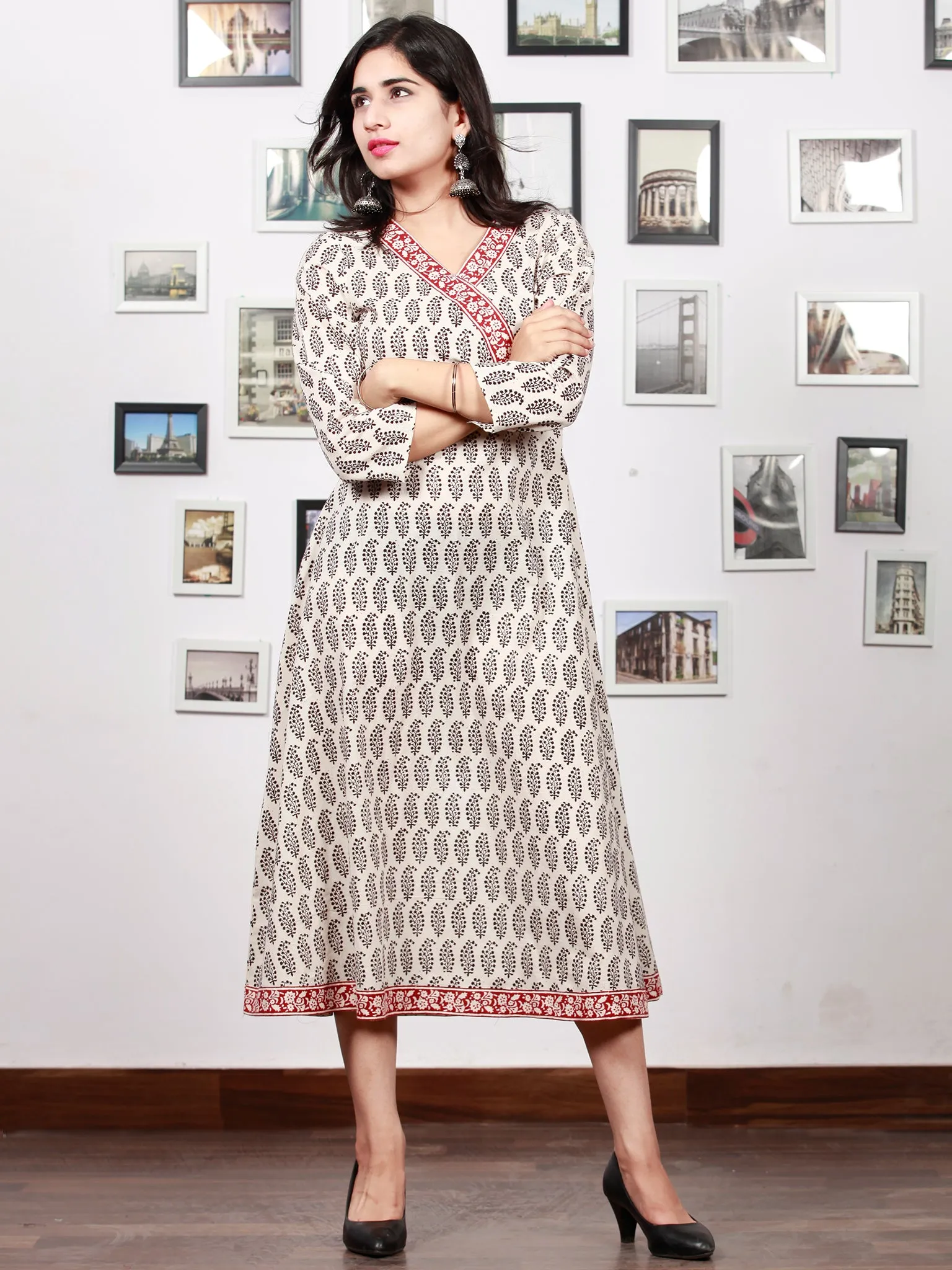 White Red Black Bagh Printed Cotton Midi Length Angrakha Dress  - D299F1702