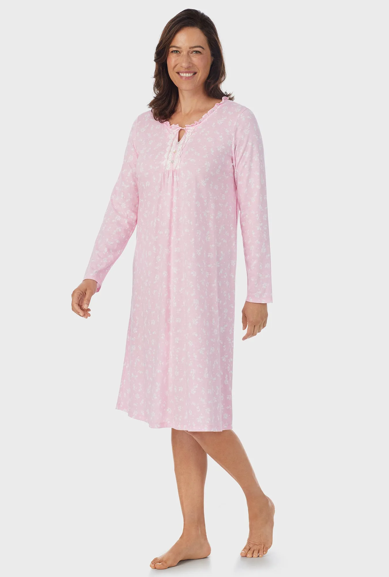 White Rosebuds Long Sleeve Midi Nightgown