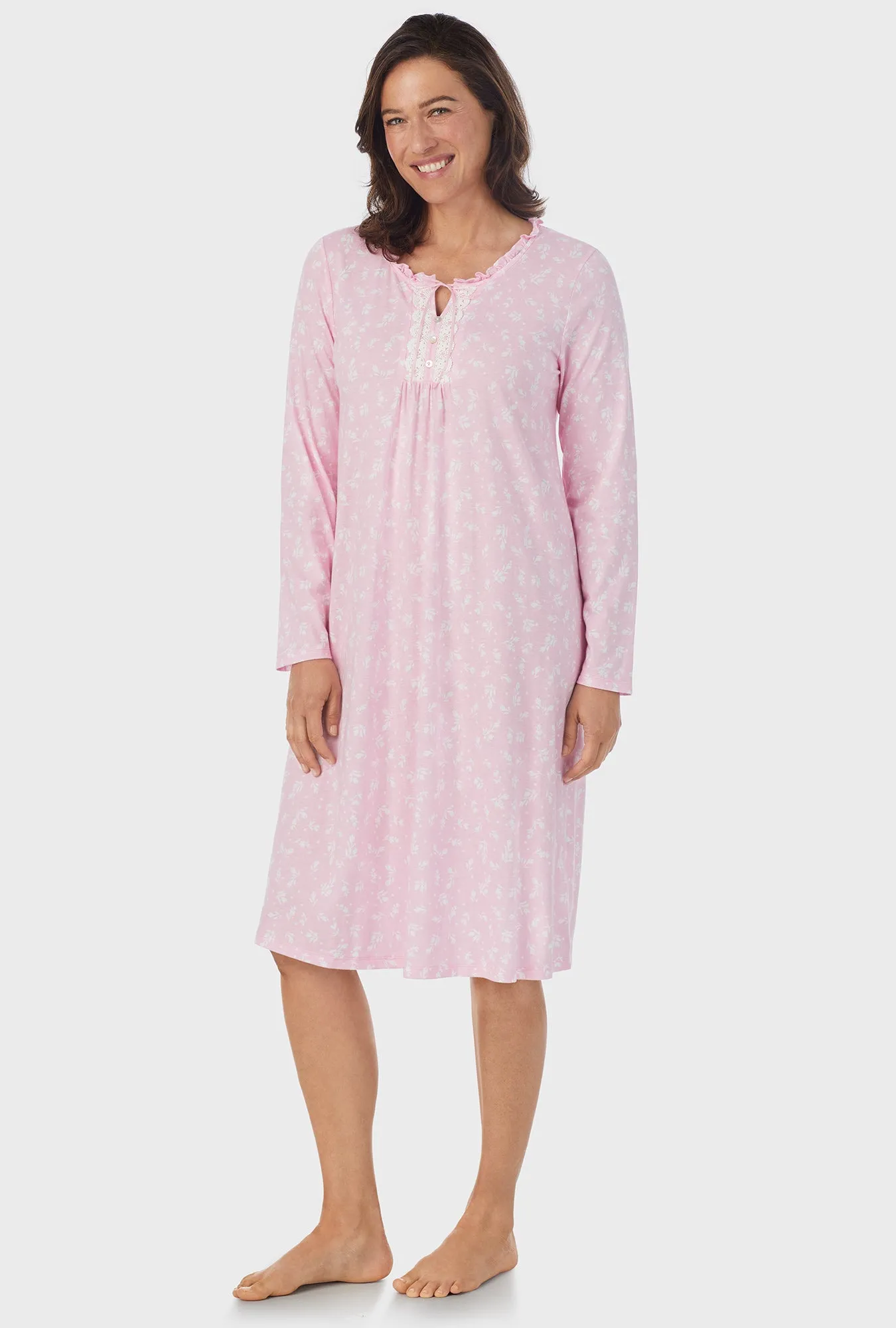 White Rosebuds Long Sleeve Midi Nightgown