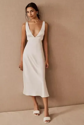 White Satin V Neck Midi Dress