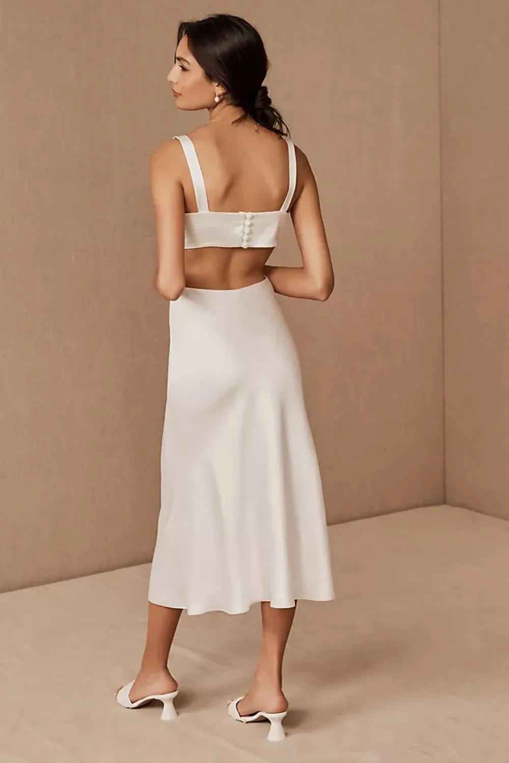 White Satin V Neck Midi Dress