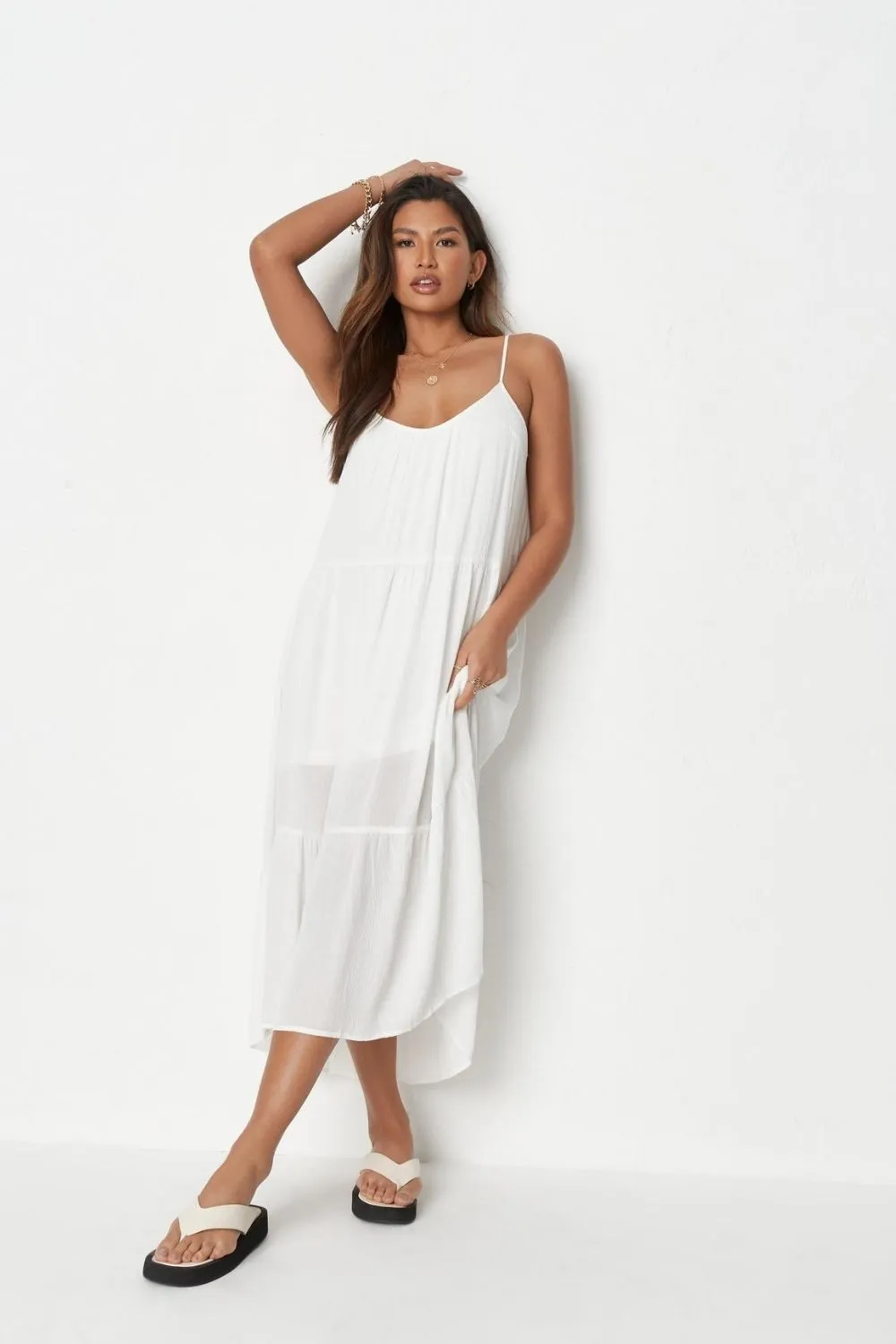 White Tiered Cami Midi Smock Dress