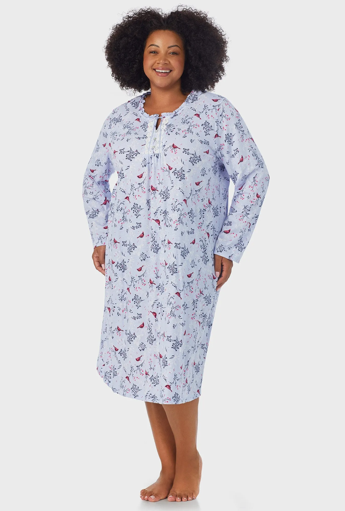 Winter Blue Cardinal Long Sleeve Midi Nightgown