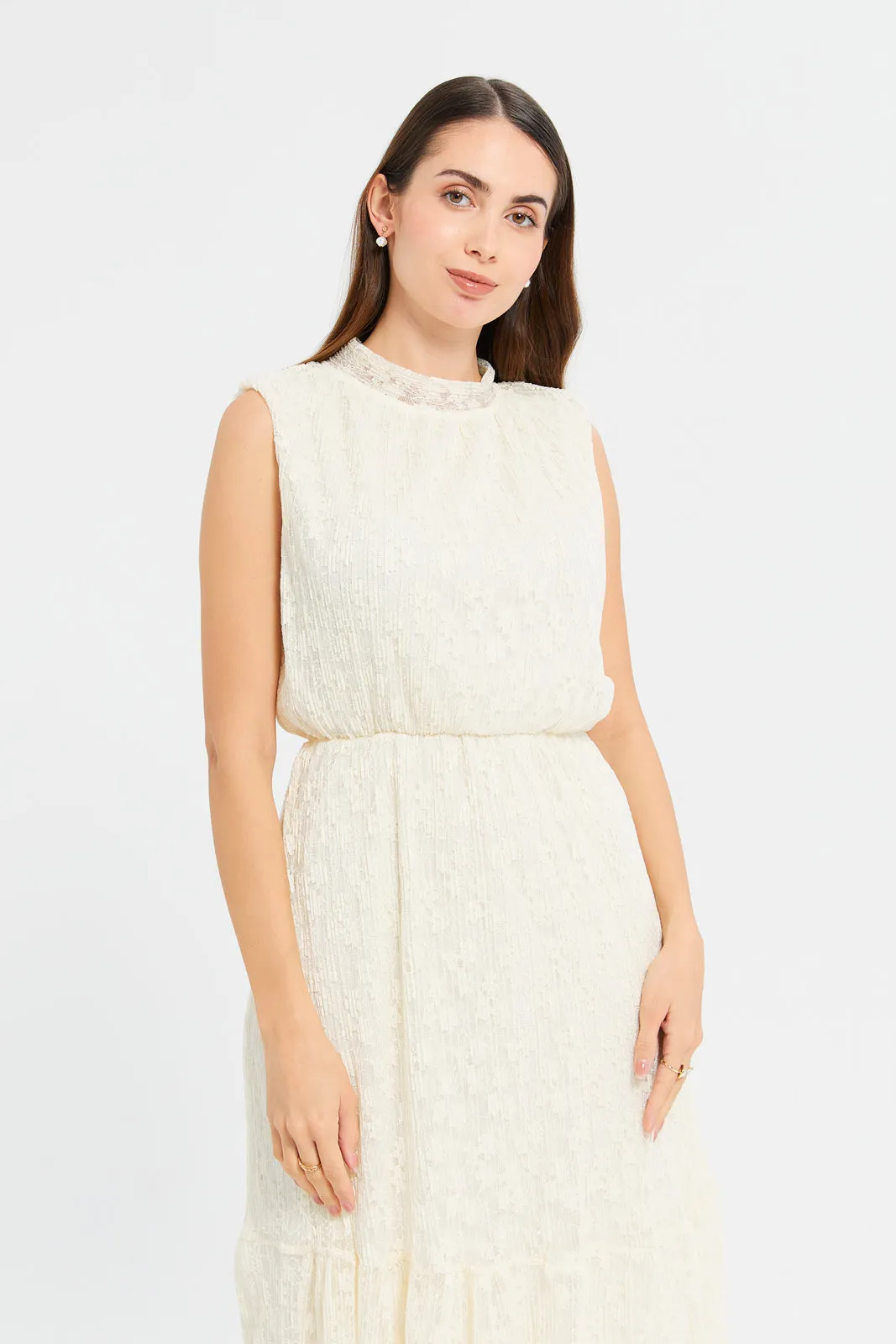 Woman Ivory Jacquard Lace Dress