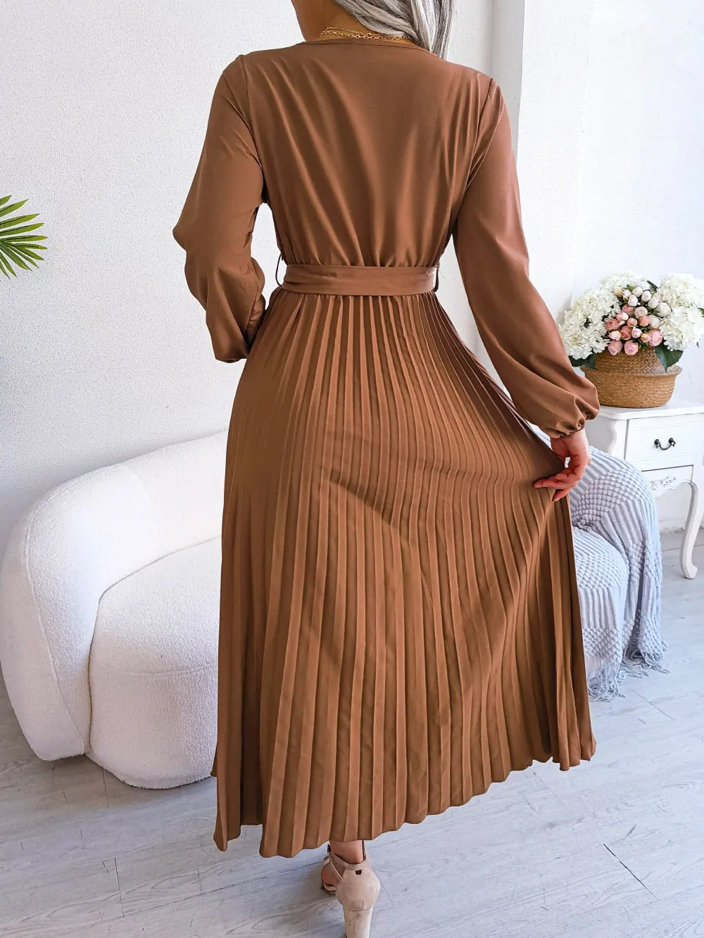 Women Elegant V Neck Long Sleeve Pleated Maxi Dress - WD8145