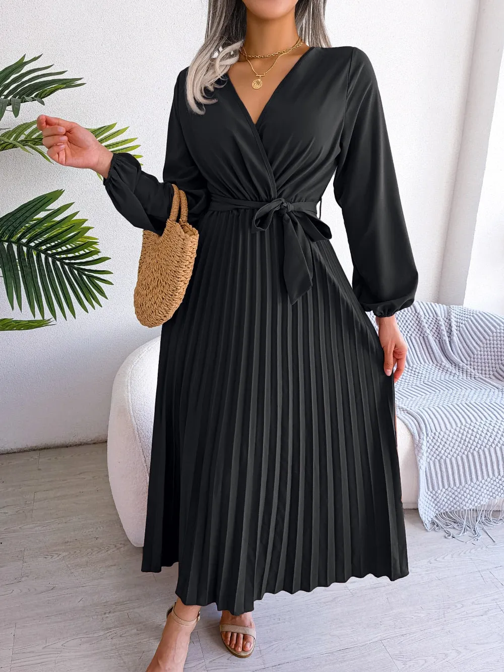 Women Elegant V Neck Long Sleeve Pleated Maxi Dress - WD8145