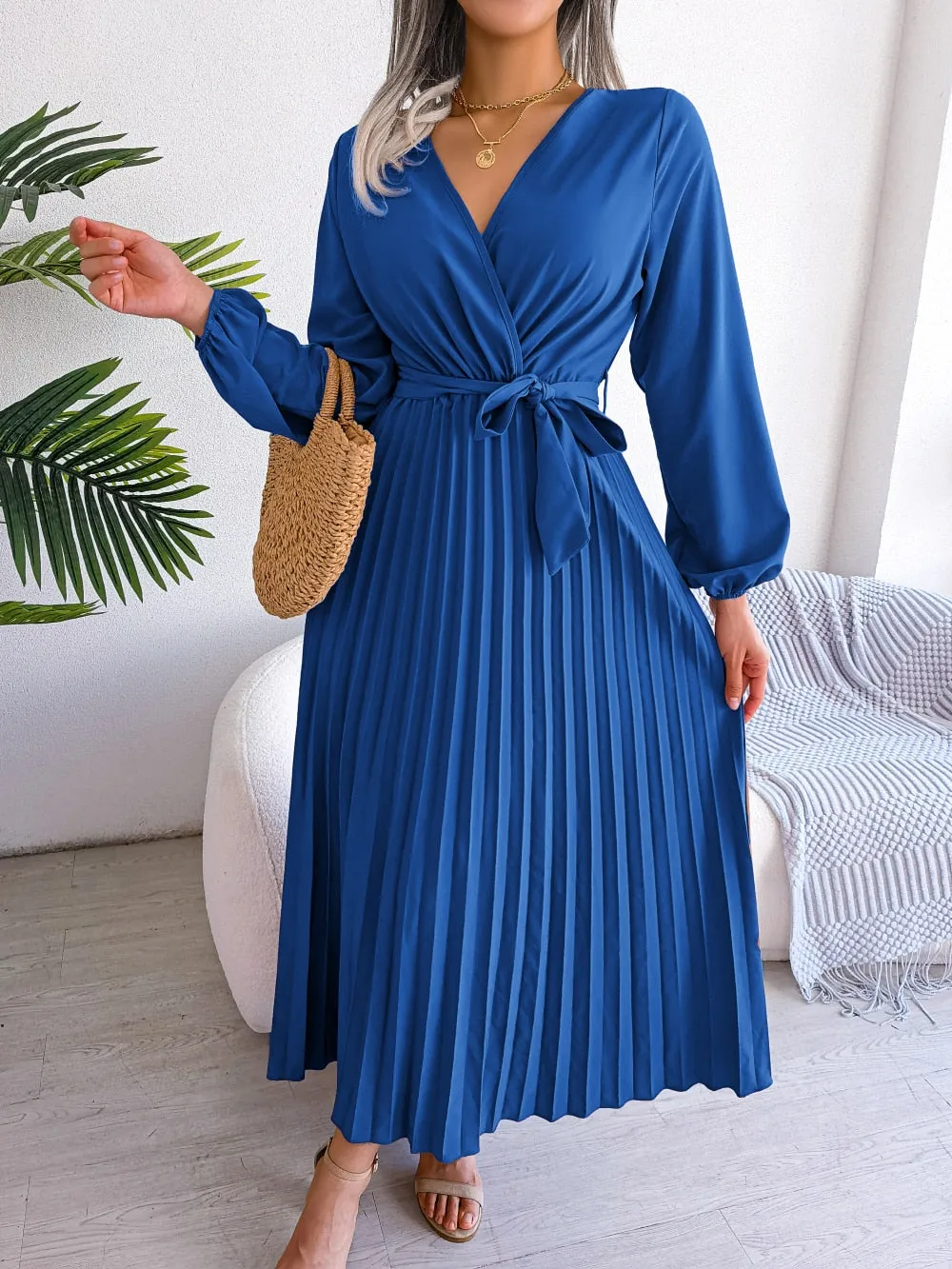 Women Elegant V Neck Long Sleeve Pleated Maxi Dress - WD8145