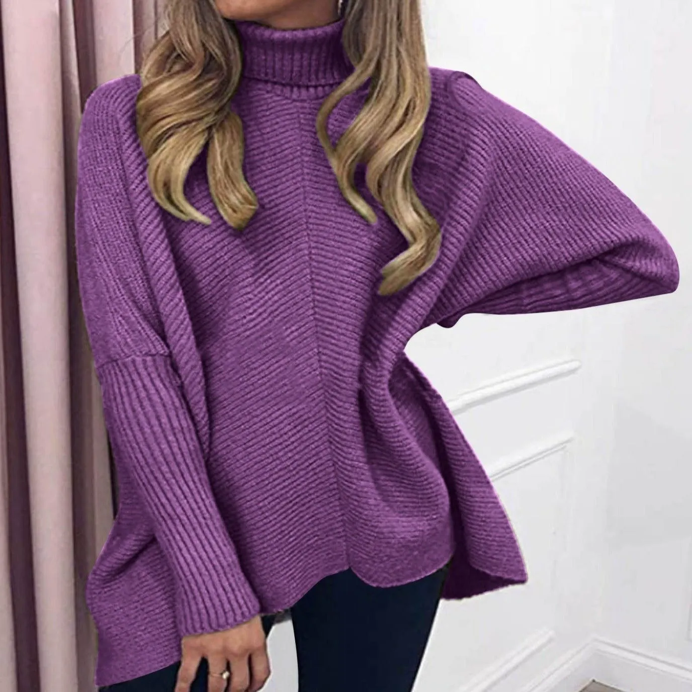 Women knit batwing long sleeve pullover turtleneck sweater