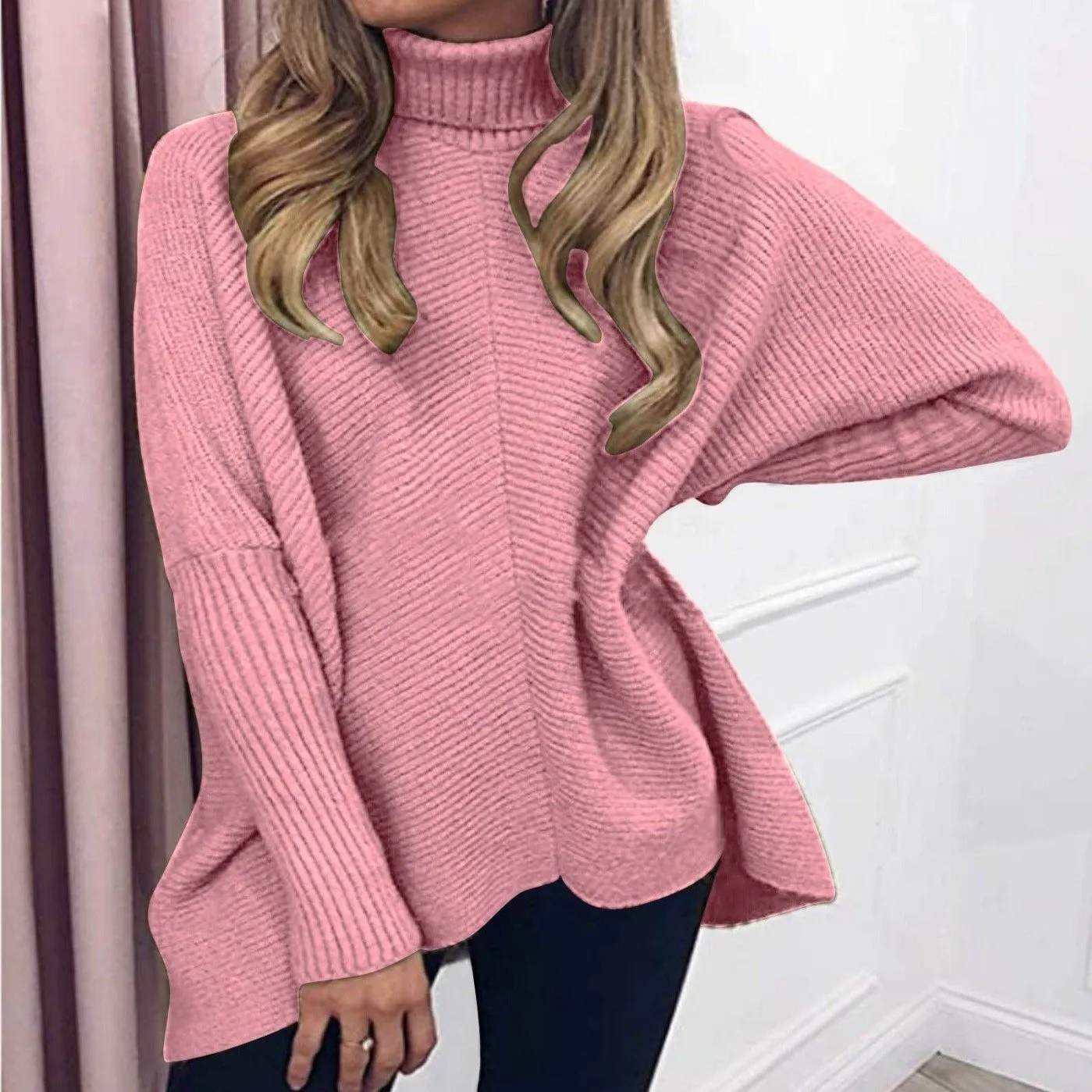 Women knit batwing long sleeve pullover turtleneck sweater