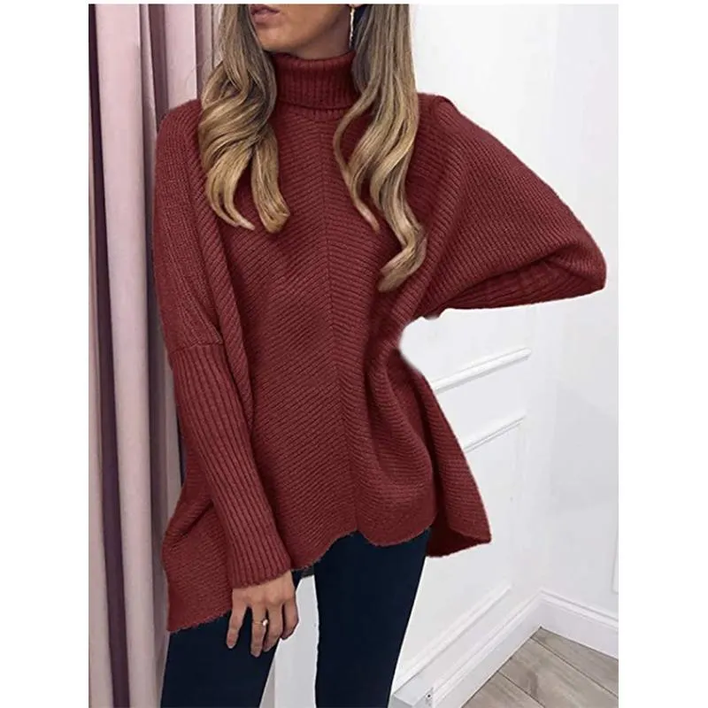 Women knit batwing long sleeve pullover turtleneck sweater