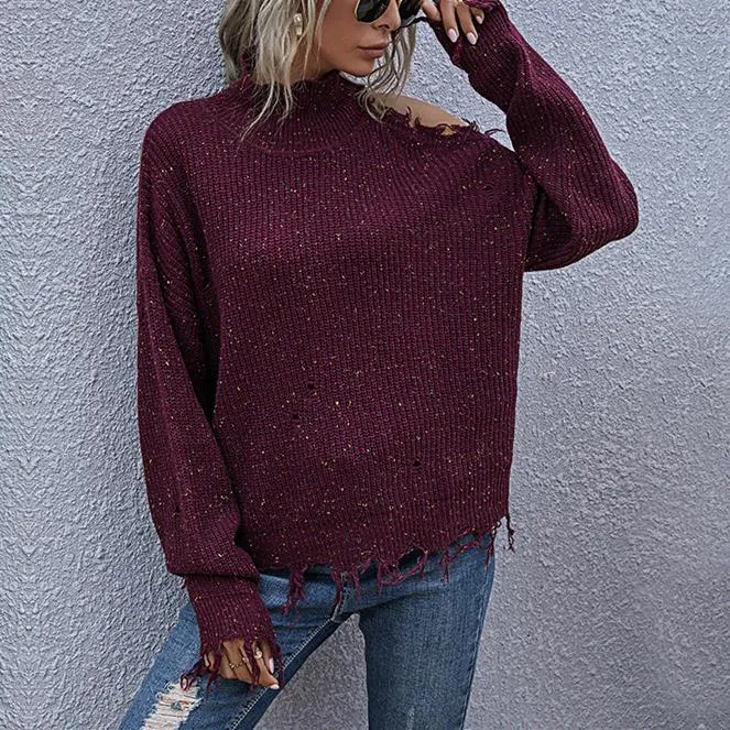 Women one shoulder ripped long sleeve pullover turtleneck sweater