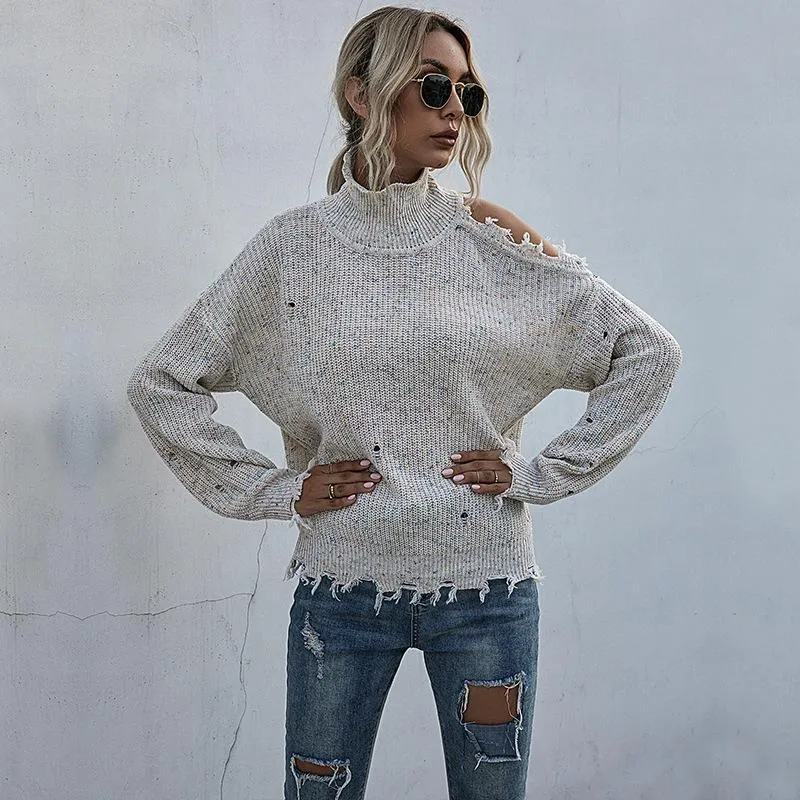 Women one shoulder ripped long sleeve pullover turtleneck sweater