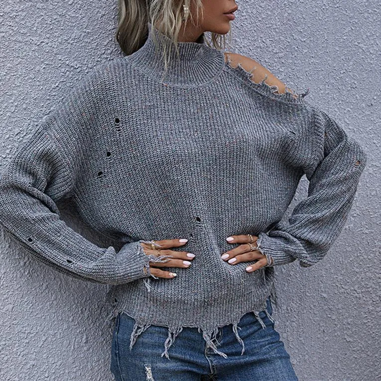 Women one shoulder ripped long sleeve pullover turtleneck sweater