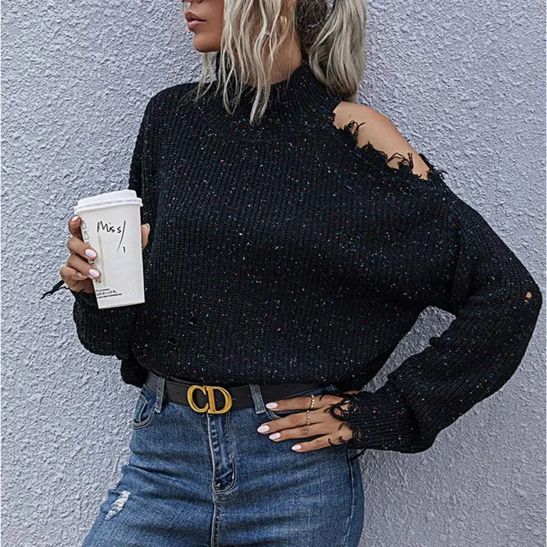 Women one shoulder ripped long sleeve pullover turtleneck sweater