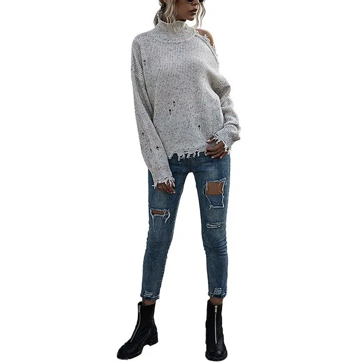 Women one shoulder ripped long sleeve pullover turtleneck sweater