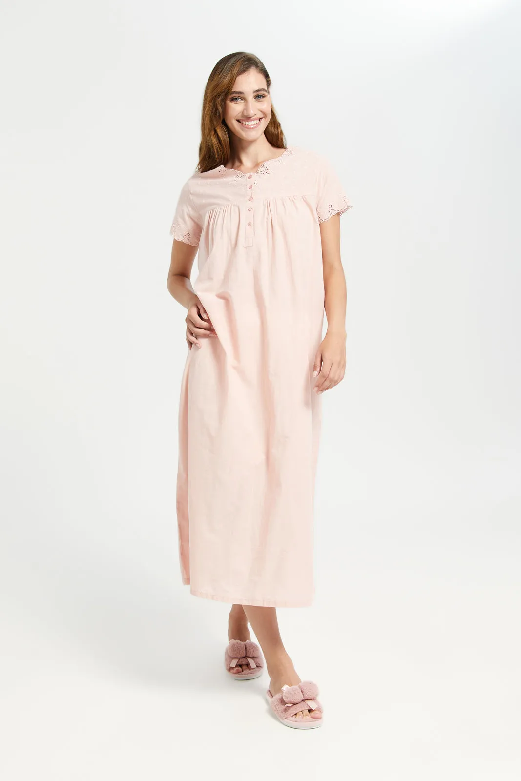 Women Pink Solid Embroidery Nightgown