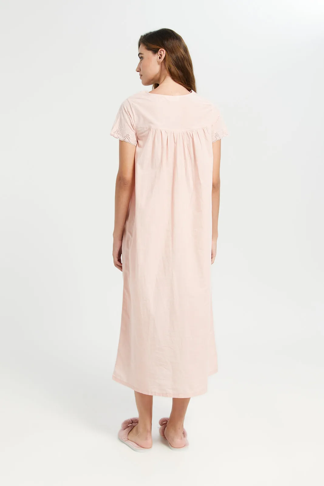 Women Pink Solid Embroidery Nightgown