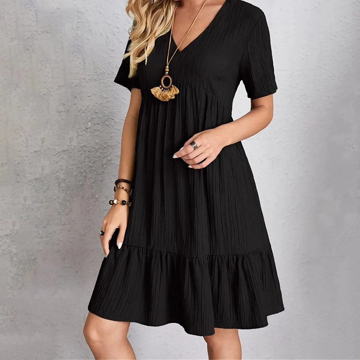 Women's Casual Dress Ruffle V Neck Midi Shift Dress