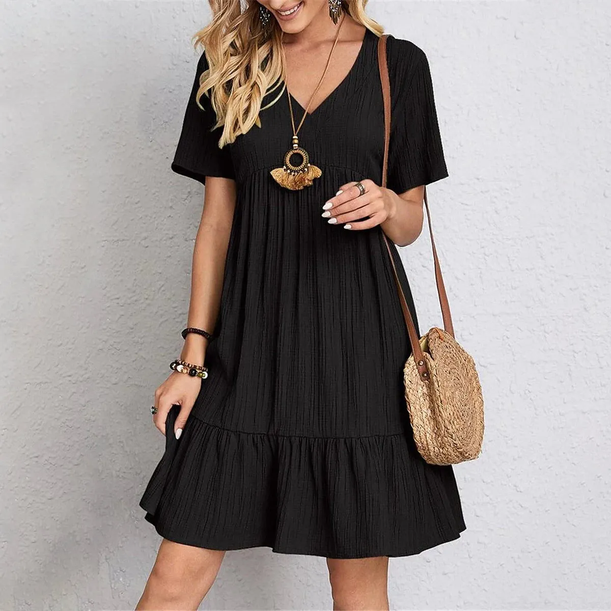 Women's Casual Dress Ruffle V Neck Midi Shift Dress