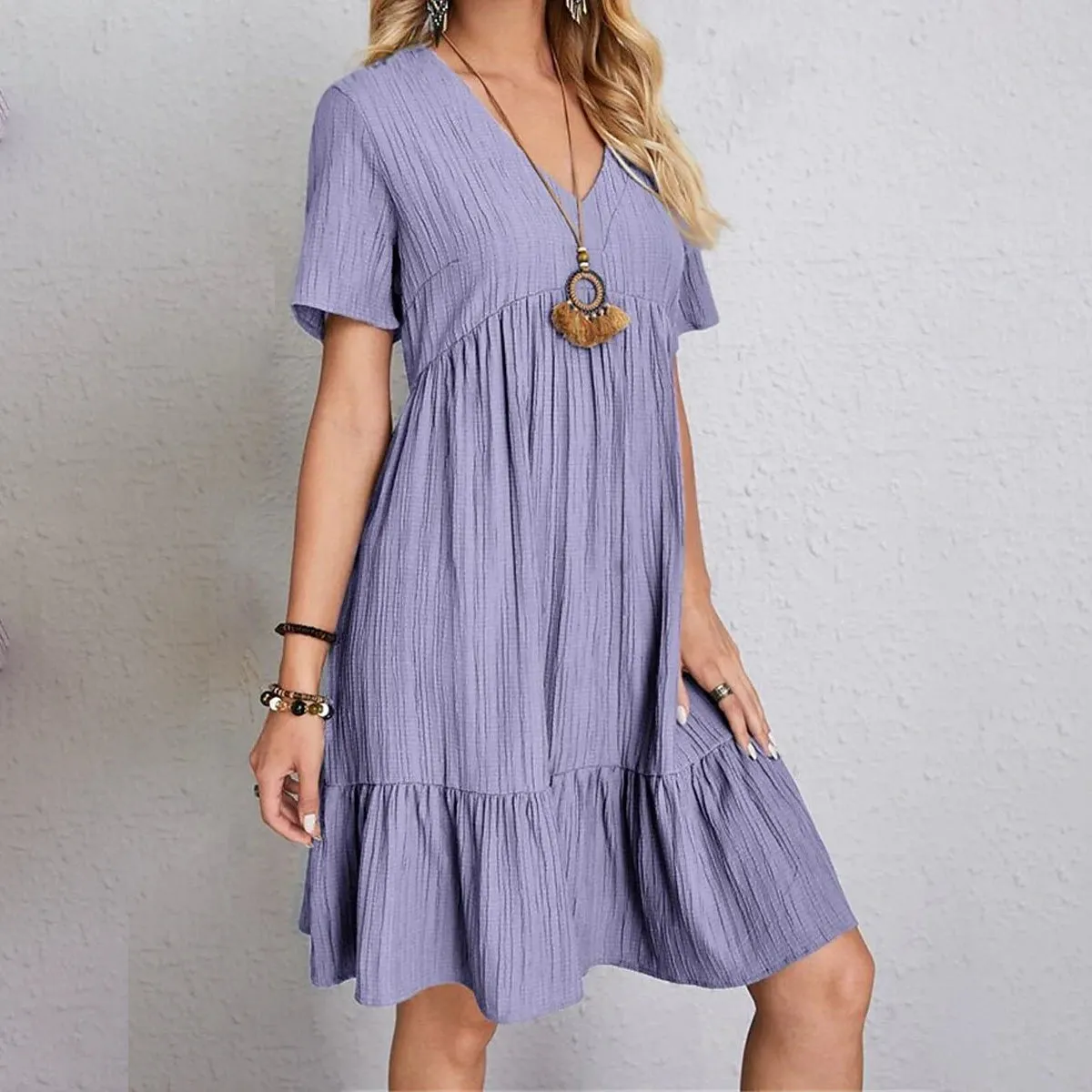 Women's Casual Dress Ruffle V Neck Midi Shift Dress