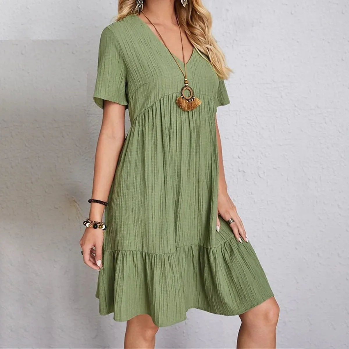 Women's Casual Dress Ruffle V Neck Midi Shift Dress