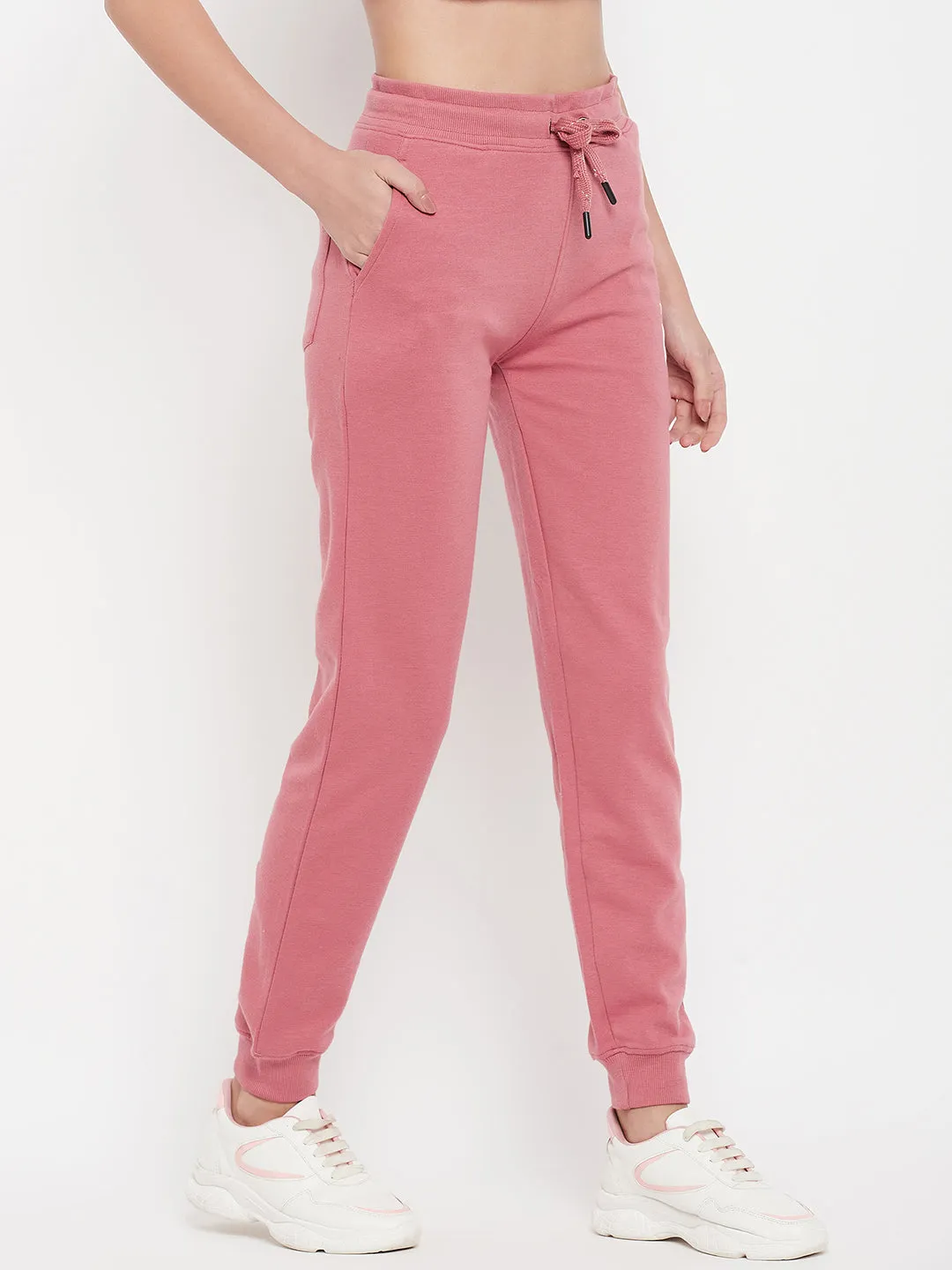 Women's Casual Elasticated Wasit band with drawcord Pink Solid Mid rise Jogger Pants