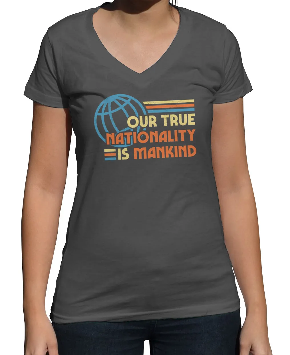 Women's Our True Nationality is Mankind Vneck T-Shirt