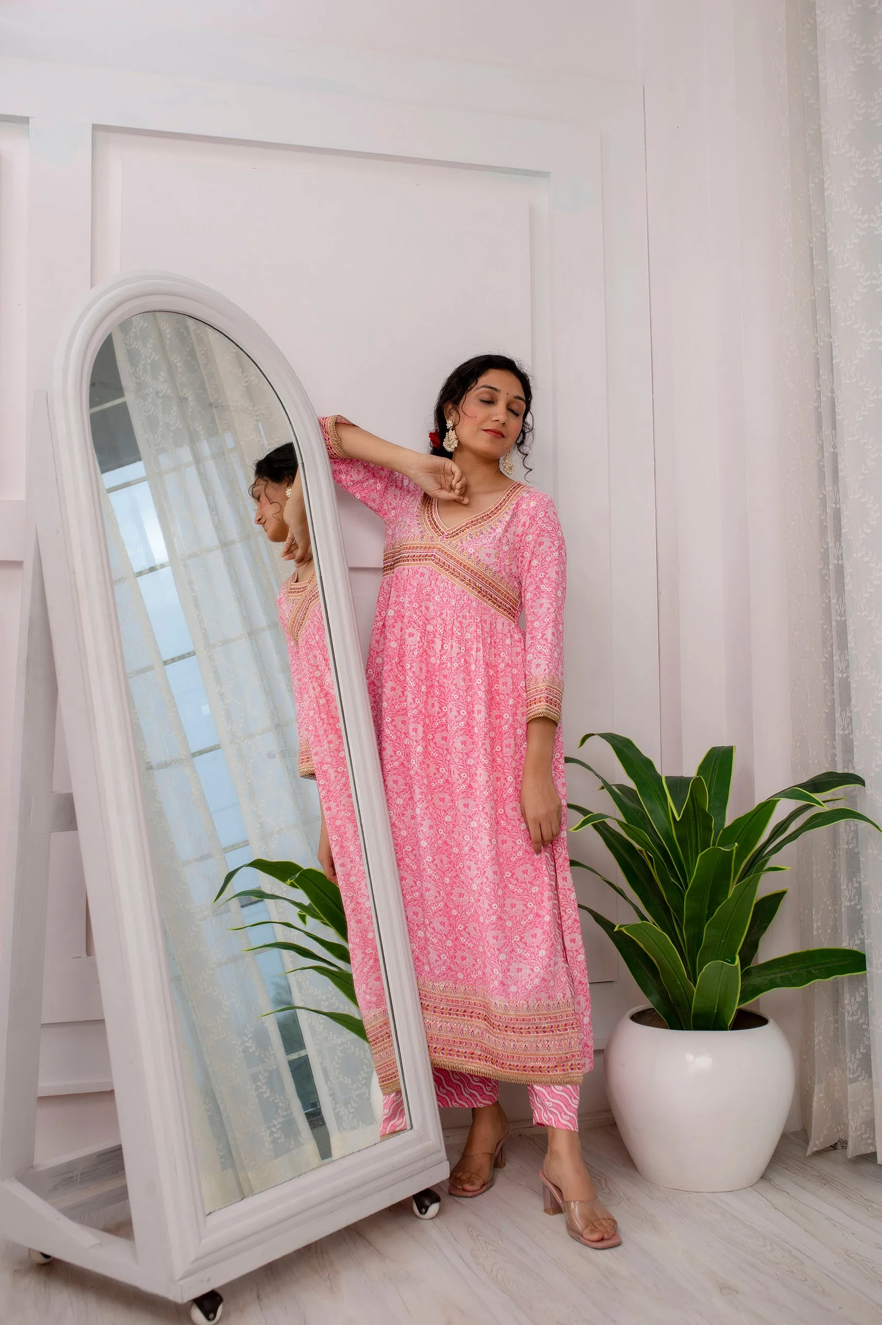 Womens Rayon Pink Alia Cut A-line Kurta Pant and Dupatta With Fancy Potli Set