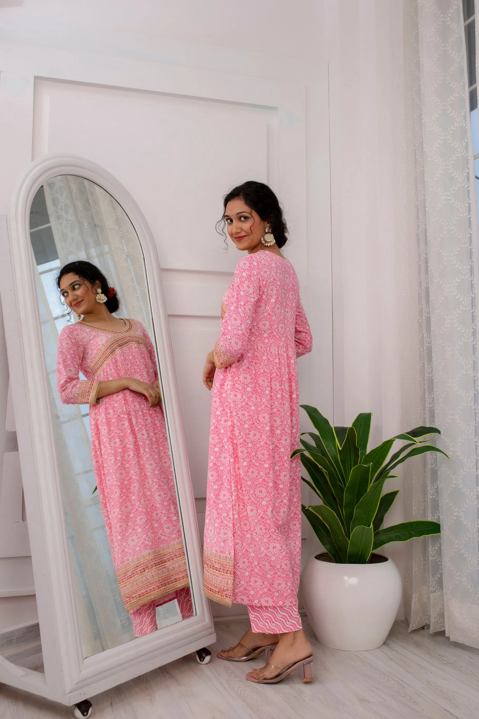 Womens Rayon Pink Alia Cut A-line Kurta Pant and Dupatta With Fancy Potli Set