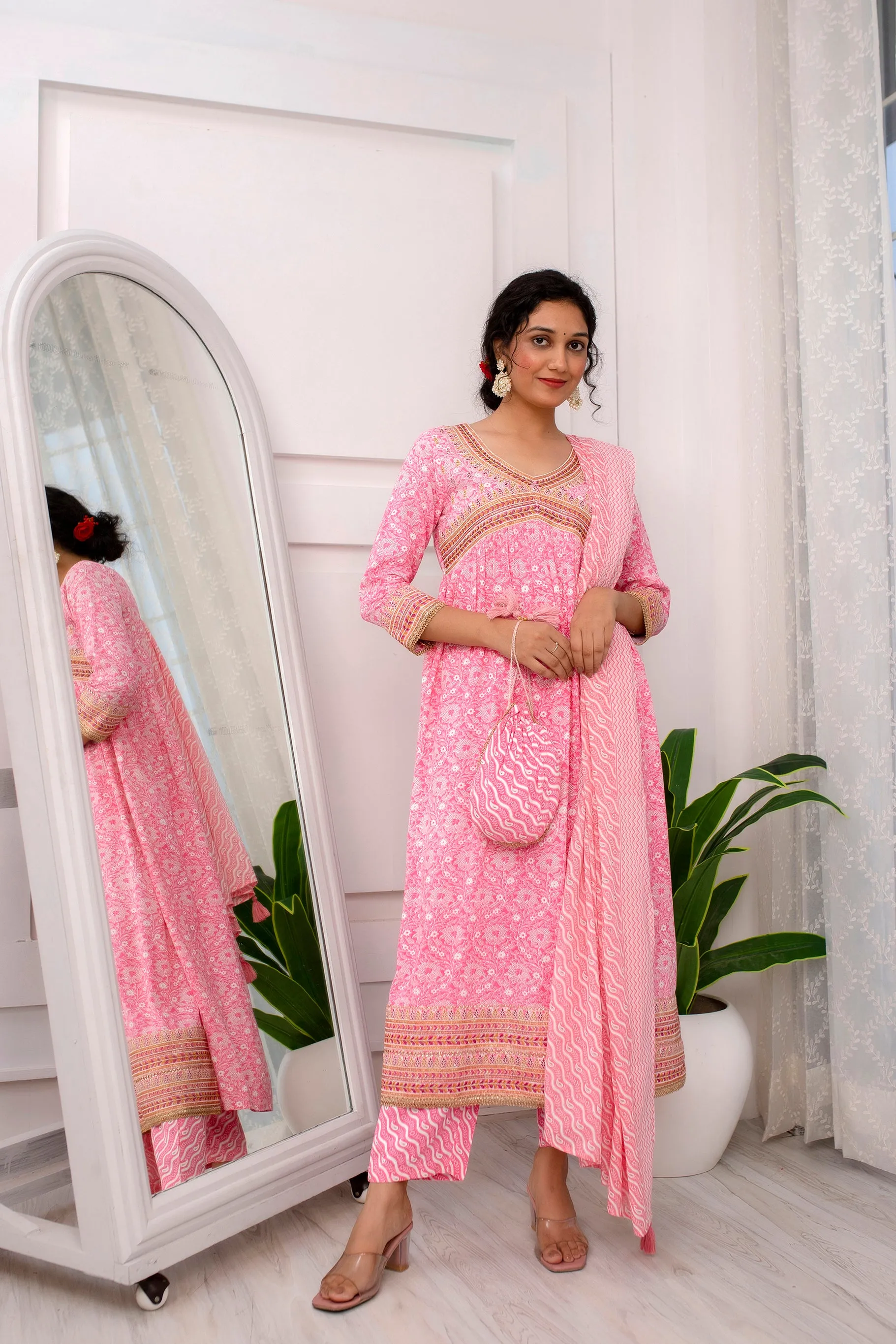 Womens Rayon Pink Alia Cut A-line Kurta Pant and Dupatta With Fancy Potli Set