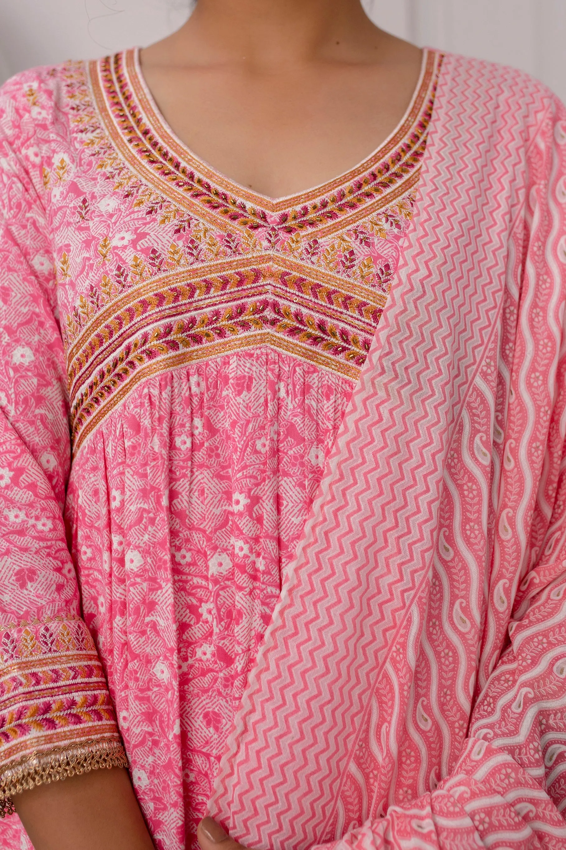 Womens Rayon Pink Alia Cut A-line Kurta Pant and Dupatta With Fancy Potli Set