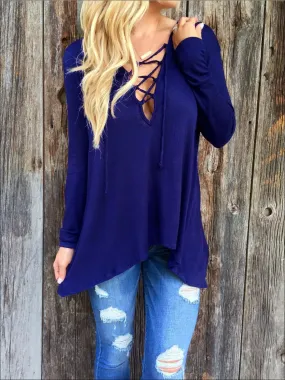 Women's Royal Blue Long Sleeve Criss Cross Neck Deep V Tunic