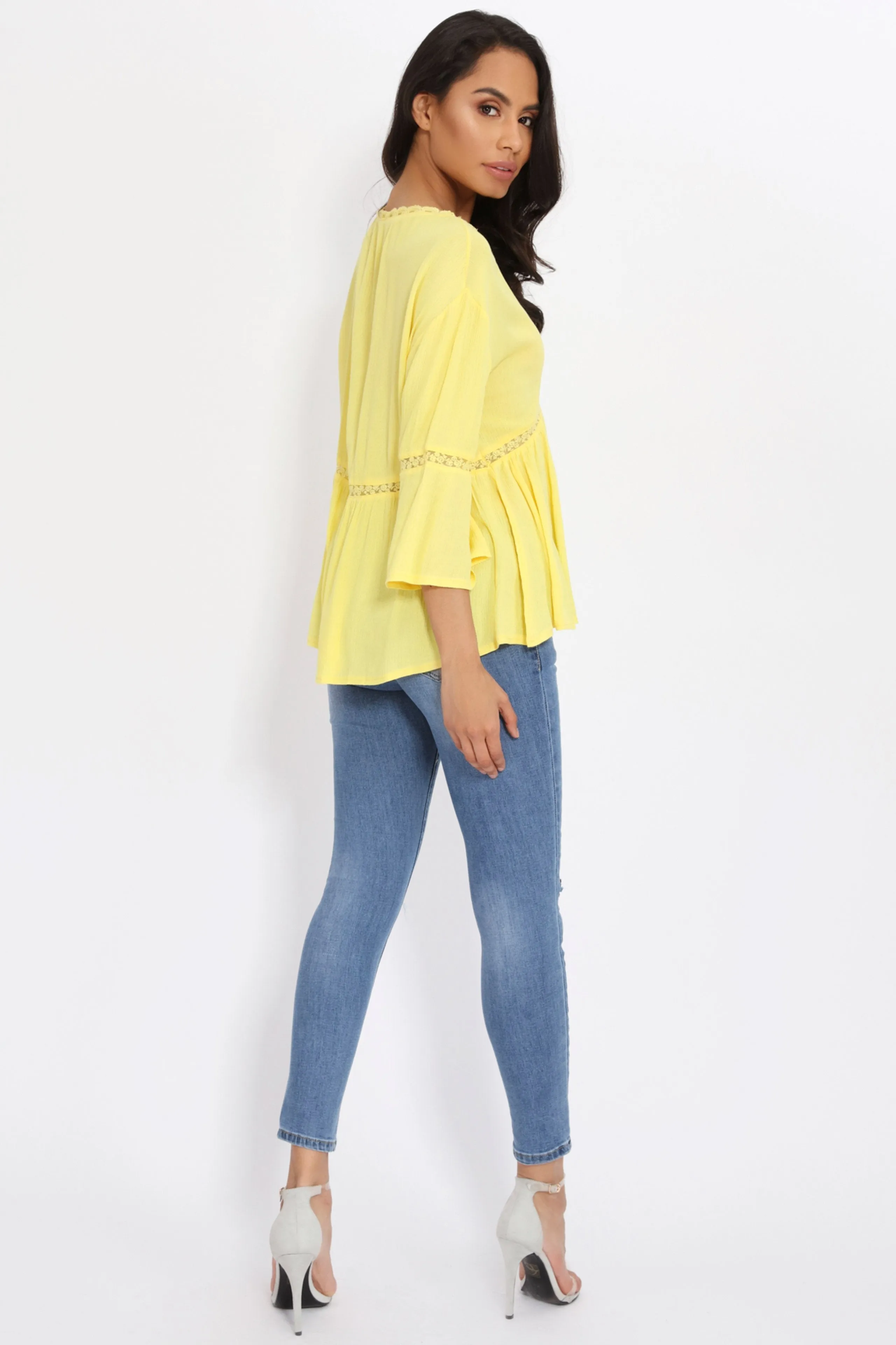 Yellow Lace Trim V Neck Tunic