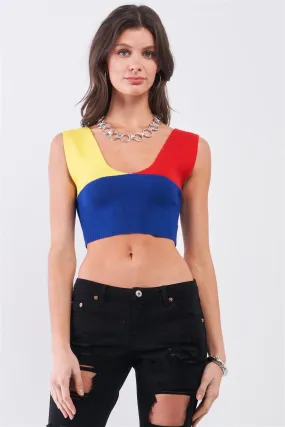 Yellow Red Blue Color Block Knit Deep V-Neck And Back Sleeveless Crop Tank Top /3-2-1