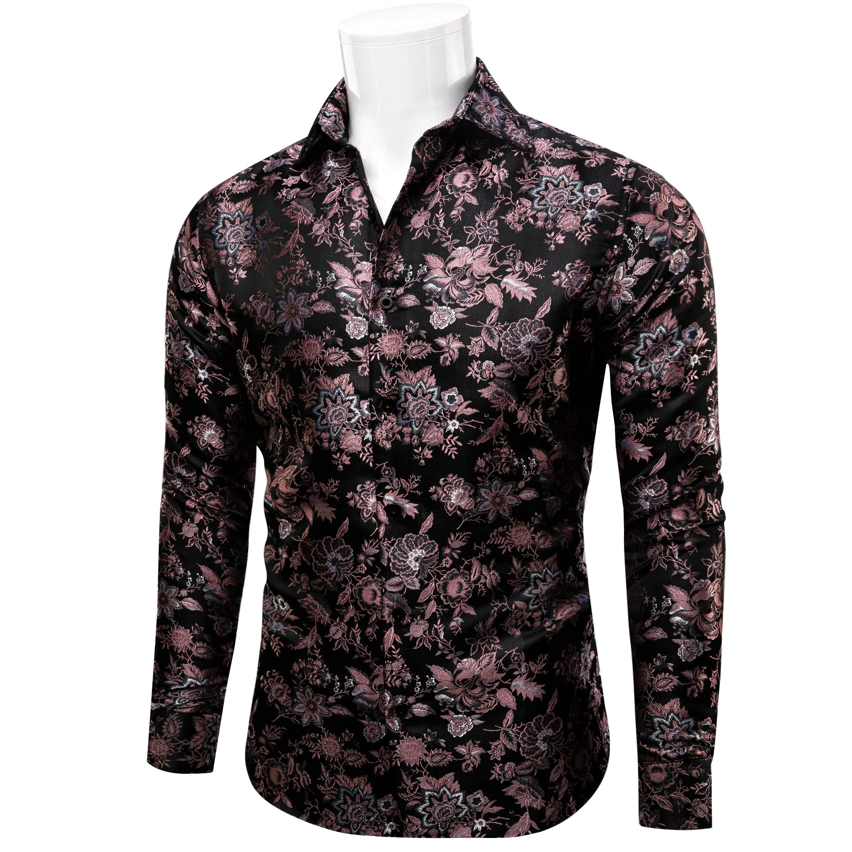 YourTies Black Mens Shirt Pink Jacquard Floral Long Sleeve Dress Shirt