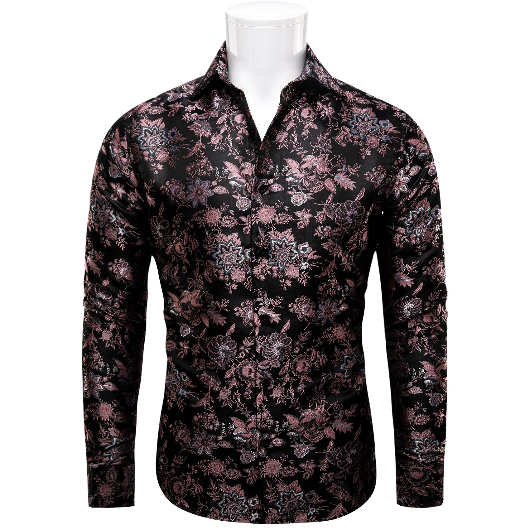 YourTies Black Mens Shirt Pink Jacquard Floral Long Sleeve Dress Shirt