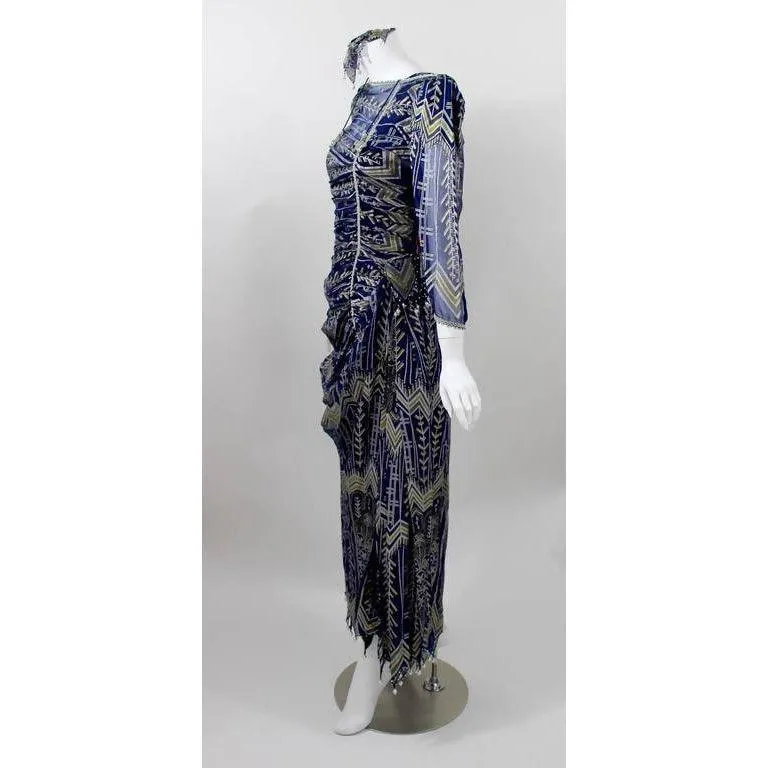 ZANDRA RHODES Navy Hand Painted Silk Dress, Slip, and Headpiece | Size M