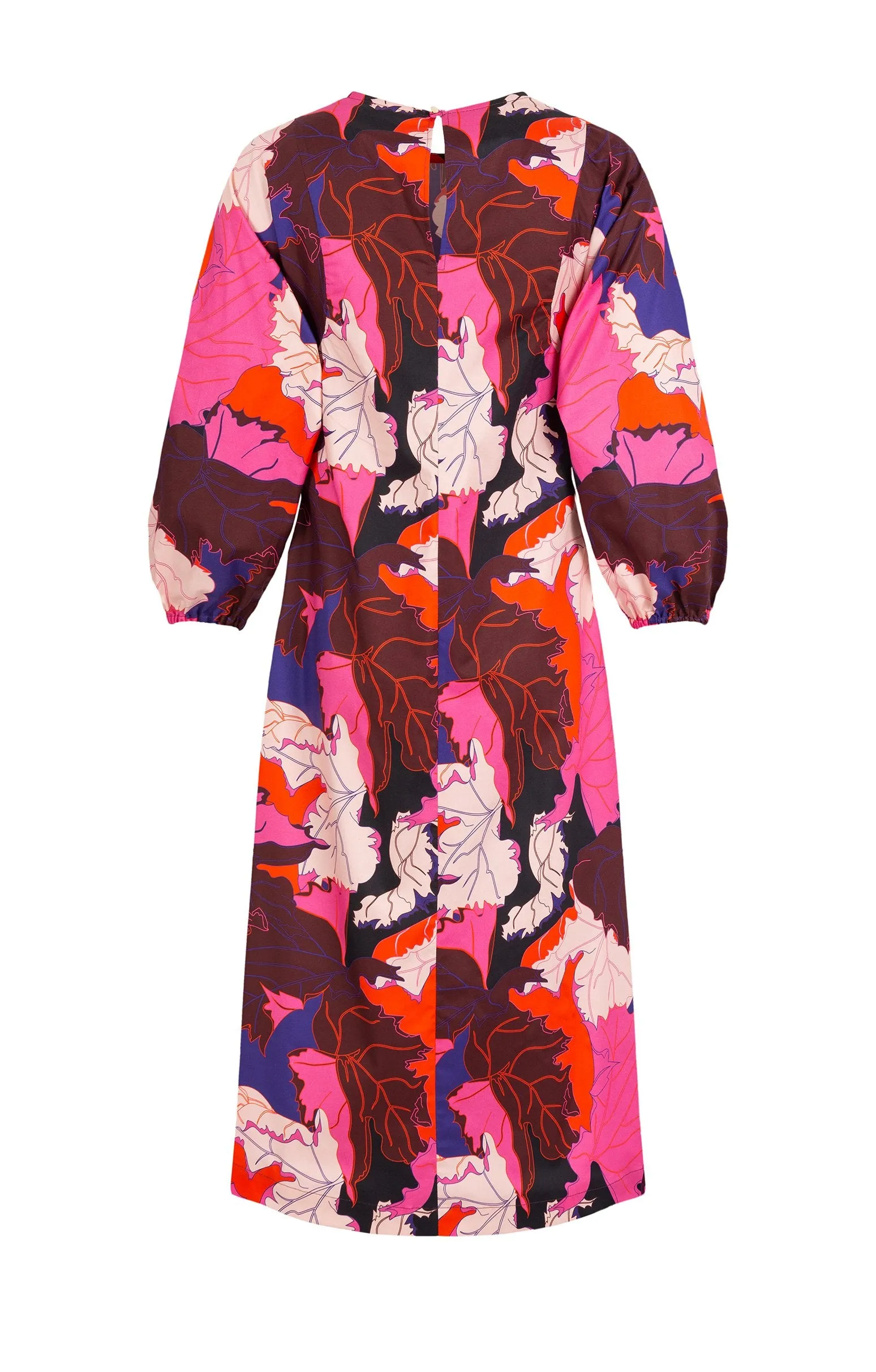 Zenit Puff Sleeve Midi Dress Pink Leaves Print