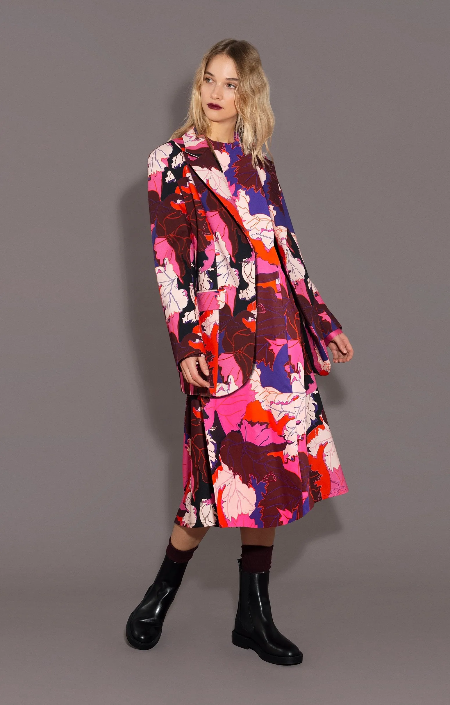 Zenit Puff Sleeve Midi Dress Pink Leaves Print