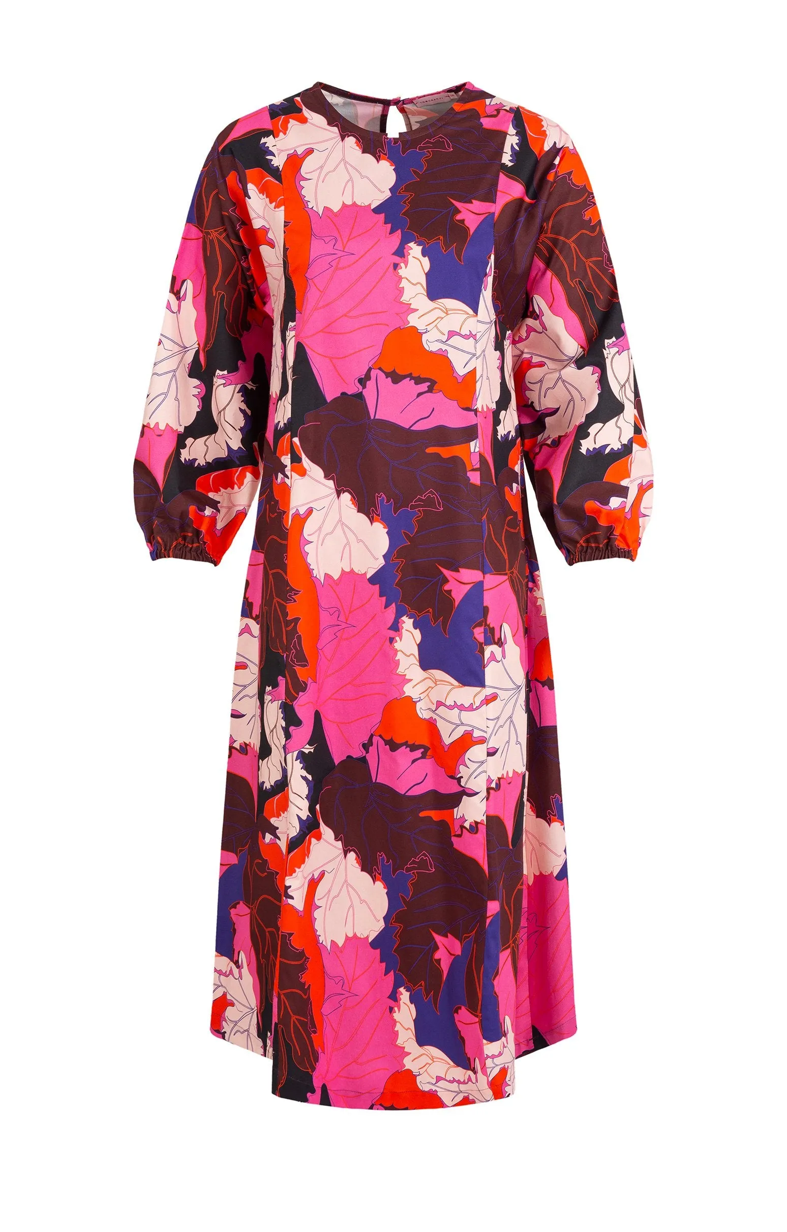 Zenit Puff Sleeve Midi Dress Pink Leaves Print